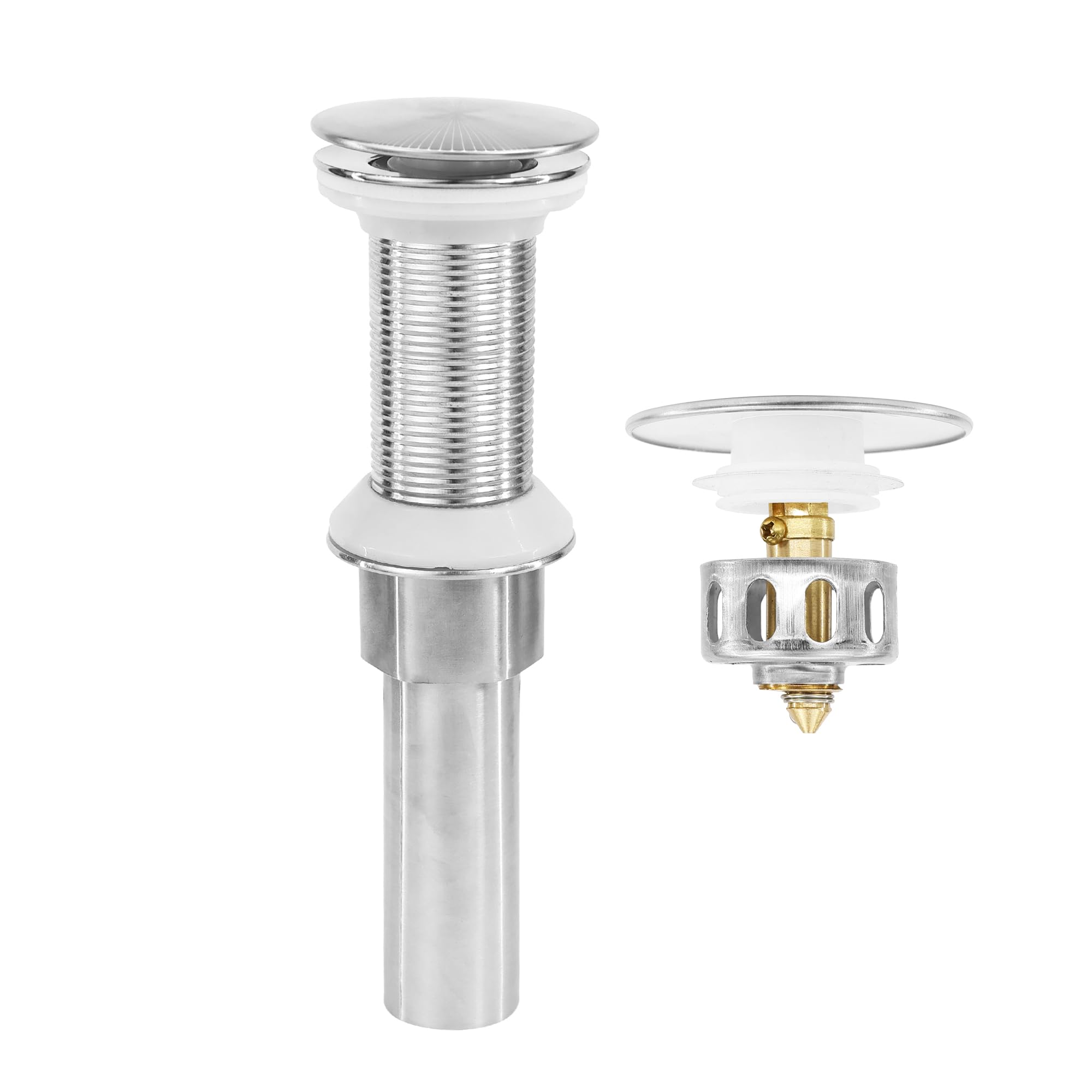 Photo 1 of Rackickyer Bathroom Sink Drain,Drain Stopper Bathroom Sink Without Overflow,Pop Up Drain Assembly with Detachable Strainer Basket,Built-in Anti-Clogging, Stainless Steel Nut Brushed Nickel