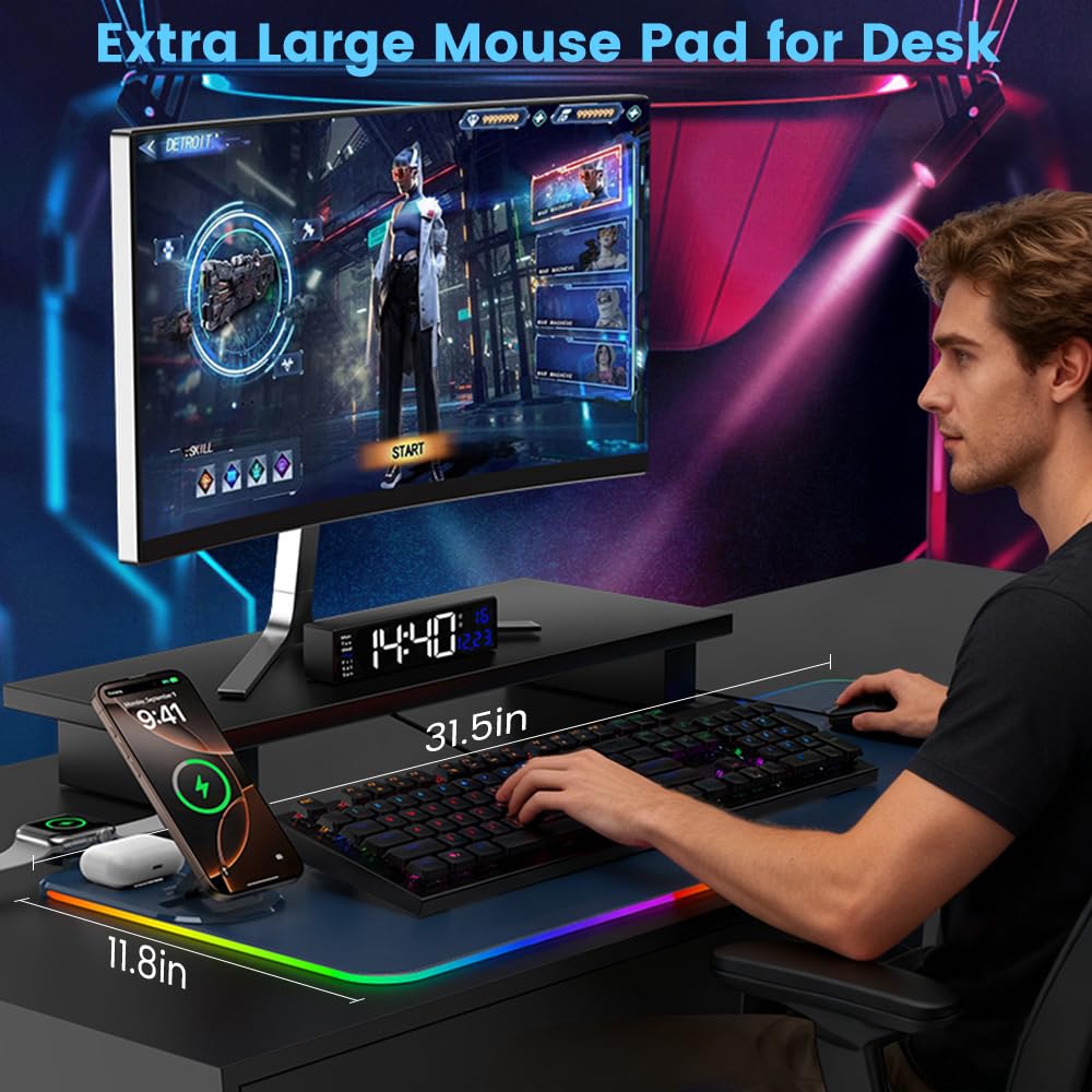 Tappetino per mouse 3 in 1 con ricarica wireless, 80 x 30 cm, RGB con ricarica wireless magnetica, 15 modalità di illuminazione, base antiscivolo, tappetino per tastiera impermeabile, nero