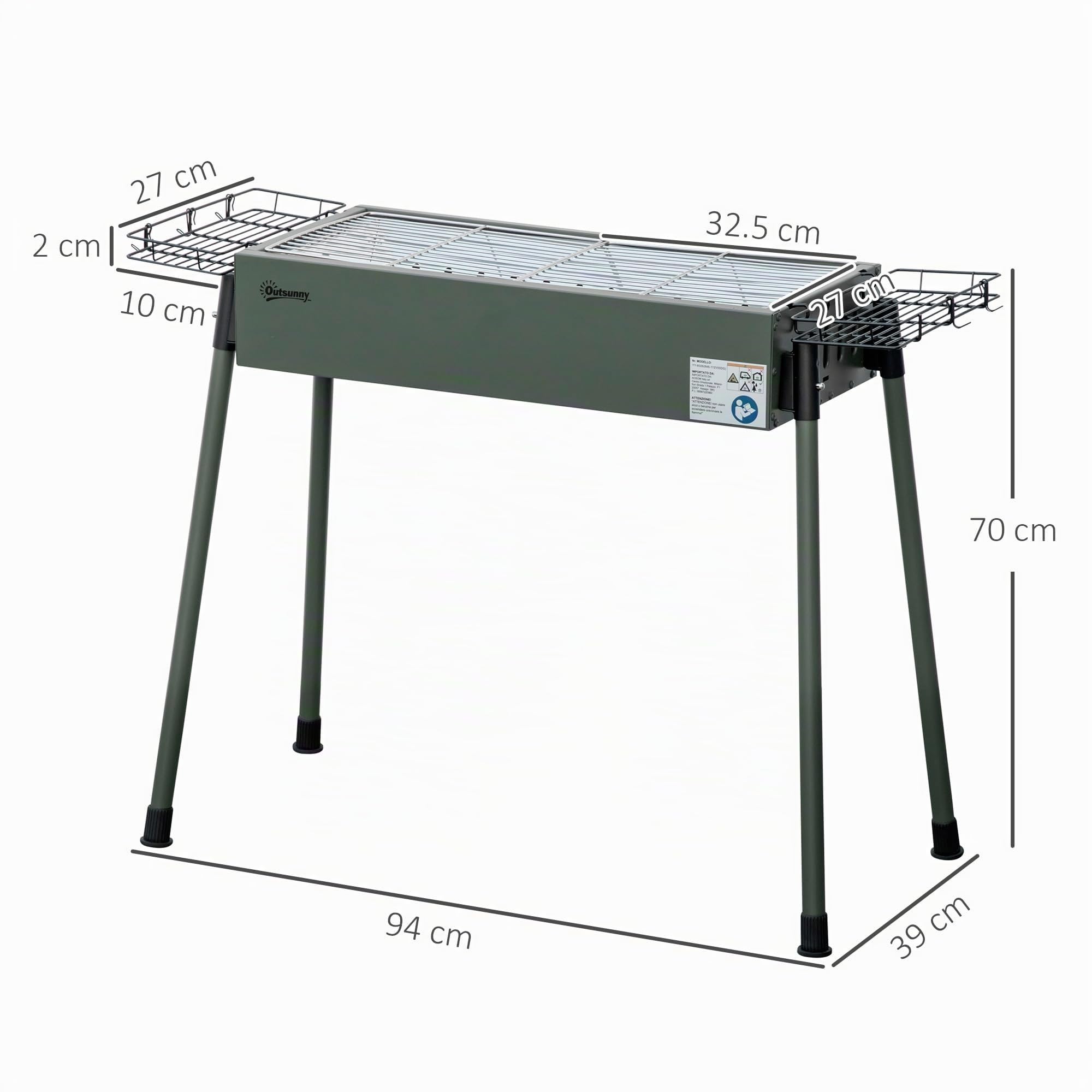 Outsunny Barbecue a Carbonella, BBQ Portatile, 94x39x70cm, Verde Scuro | 2 Griglie in Acciaio, a Carbone, Cestini Laterali, Gambe Rimovibili