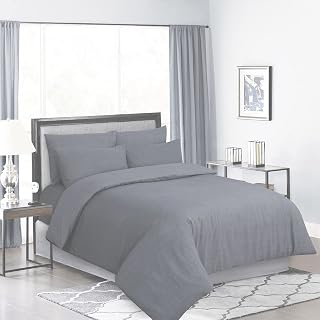 Prime Linens Duvet Cover Set 4 Pc 100% Cotton Quilt Cover Bedding Set with Pillow Cases and Extra Fitted Sheet Included Easy Care (Dark Grey 923, King 4 Piece)