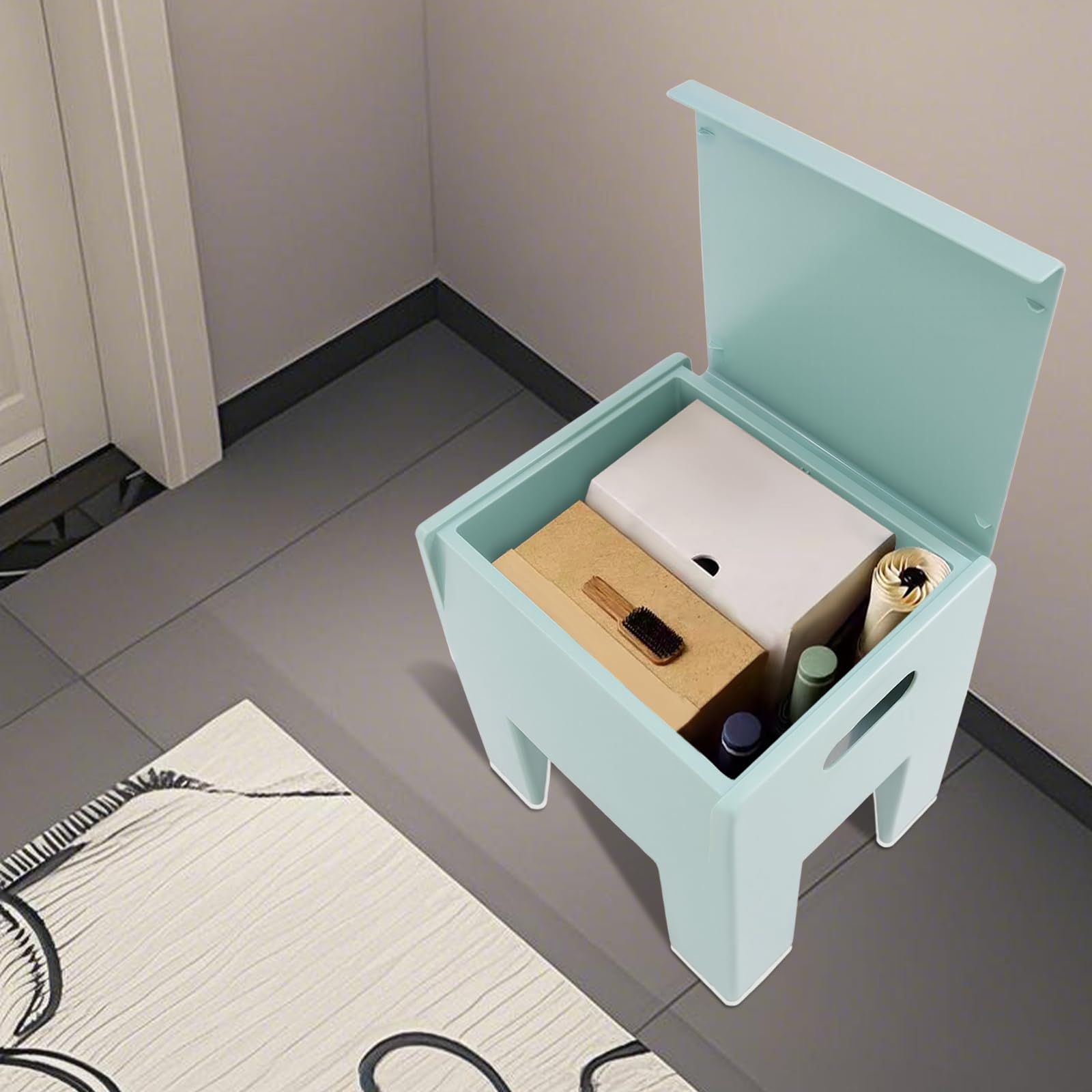 Sgabello basso in plastica con spazio per riporre le scarpe, per corridoio, soggiorno, bagno, moderno, 40 x 37 x 31 cm, fino a 100 kg (blu marino)