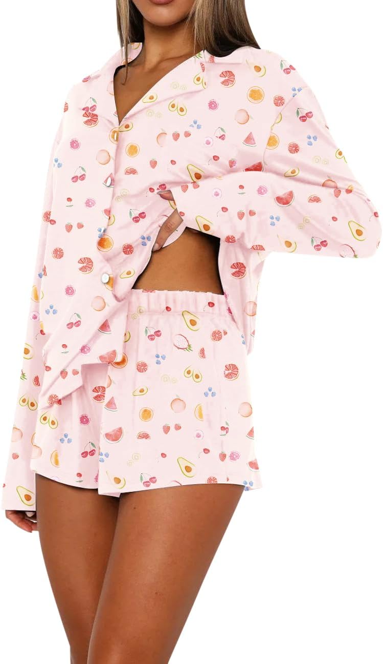 Dressmine Pajama Sets for Women 2 Piece Shorts Cute Button Up Pjs Set Fall Sleepwear Long Sleeve Loungewear Sets - Image 2