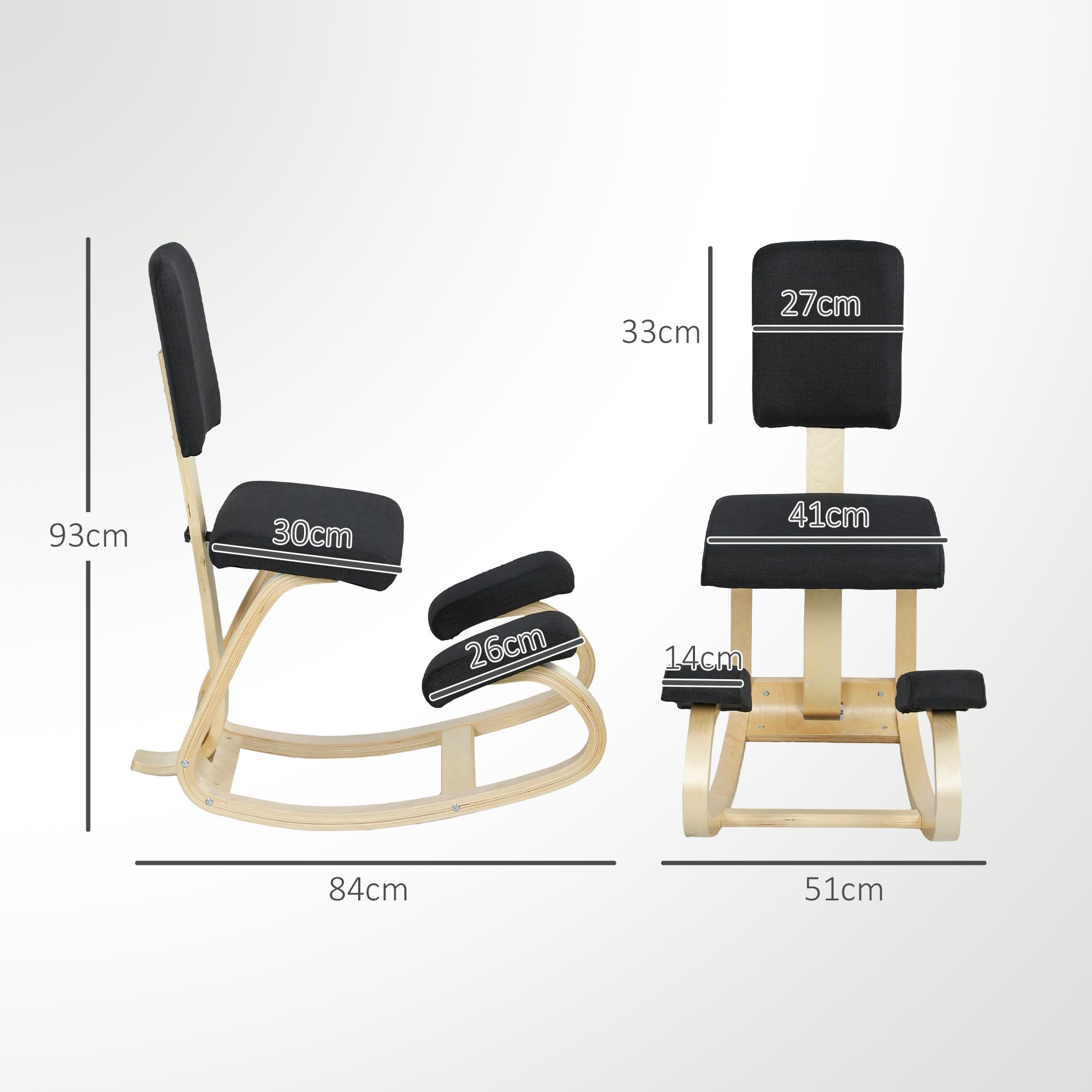 HOMCOM Chaise à Genoux Ergonomique avec Dossier, siège Assis Genoux à Bascule, Tabouret Ergonomique, Tabouret Bureau orthopédique, correcteur de Posture, soulager Les douleurs au Dos, Noir