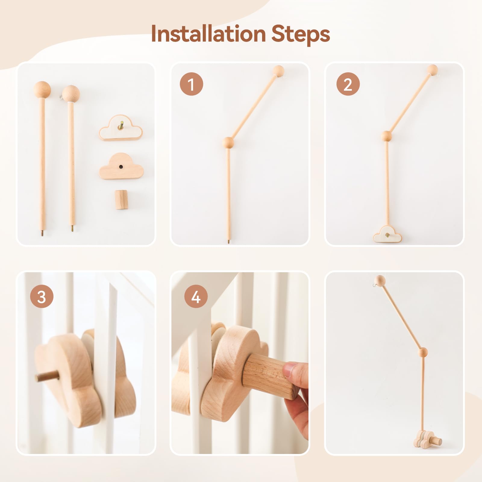 OESSUF Braccio mobile per culla, 68 cm, regolabile, in legno, design a nuvola bianca, supporto mobile per culla (legno)