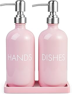 Pink Dish Soap Dispenser with Stainless Steel Pump, 16 OZ Glass Hand and...