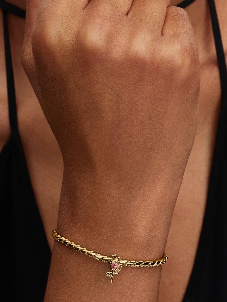 PANDORA Charm tulipan otwarty, pozłacany 14-karatowym złotem, z różową cyrkonią Cubic, filigranowa zawieszka kwiatowa, kompatybilny z Moments, 764555C01