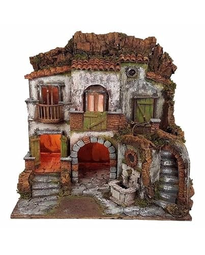 Chianese Presepe Borgo Stile ‘700 con Luci e Fontana Funzionante, Artigianale, Dimensioni 50x40x50 cm, Grotta 11x15 cm, Compatibile con Pastori da 10 cm