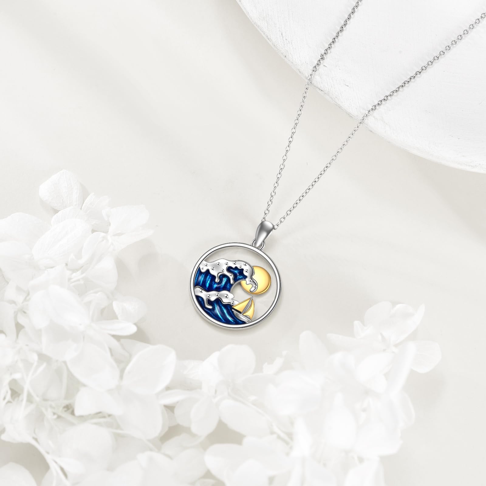 Onda collana in argento Sterling 925 blu oceano ciondolo nave gioielli regalo per uomini donne surfisti, Argento sterling, Nessuna pietra preziosa