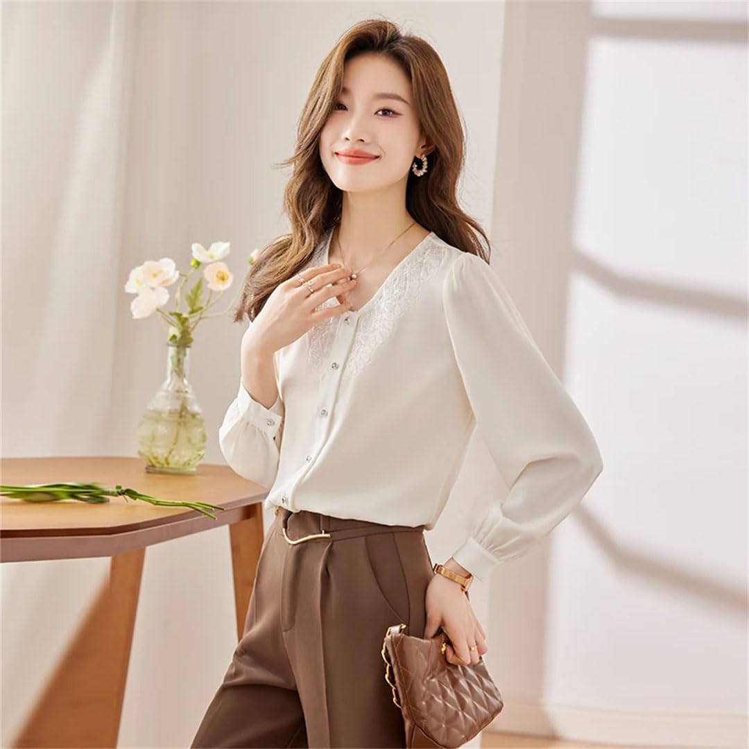Camisa bordada para mujer, cuello redondo, manga larga, para oficina, trabajo