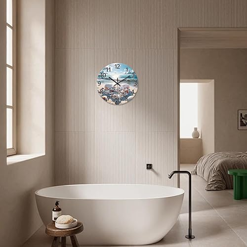 Miniatura 4 de XNM Relojes de pared analógicos de playa azul para sala de estar, relojes de pared de concha de mar costero, funciona con pilas, 12 pulgadas,