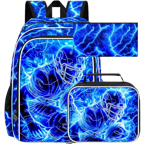Image of 3Pcs Football Backpack for Boy, 17 inch Lightning Bookbag for Elementary Preschool Kindergarten, Kids School Backpacks with Lunch Box (Blue)