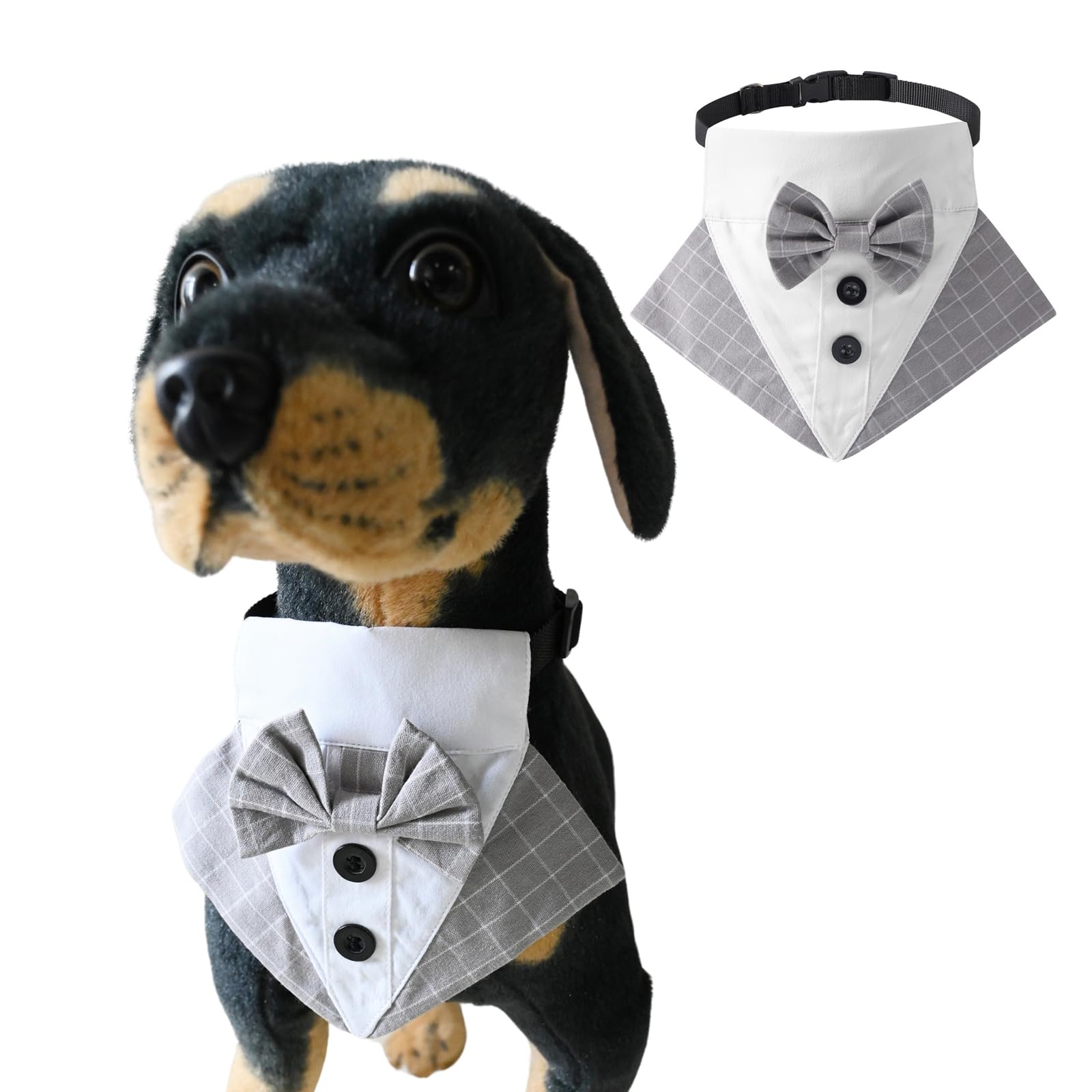 Dog Tuxedo Bandana,Formal Pet Bow Tie Bib Adjustable Quick Release Buckle Triangular Scarf Dog Birthday Party Valentines Bowtie Scarf Party Tux_M(Gray Plaid)