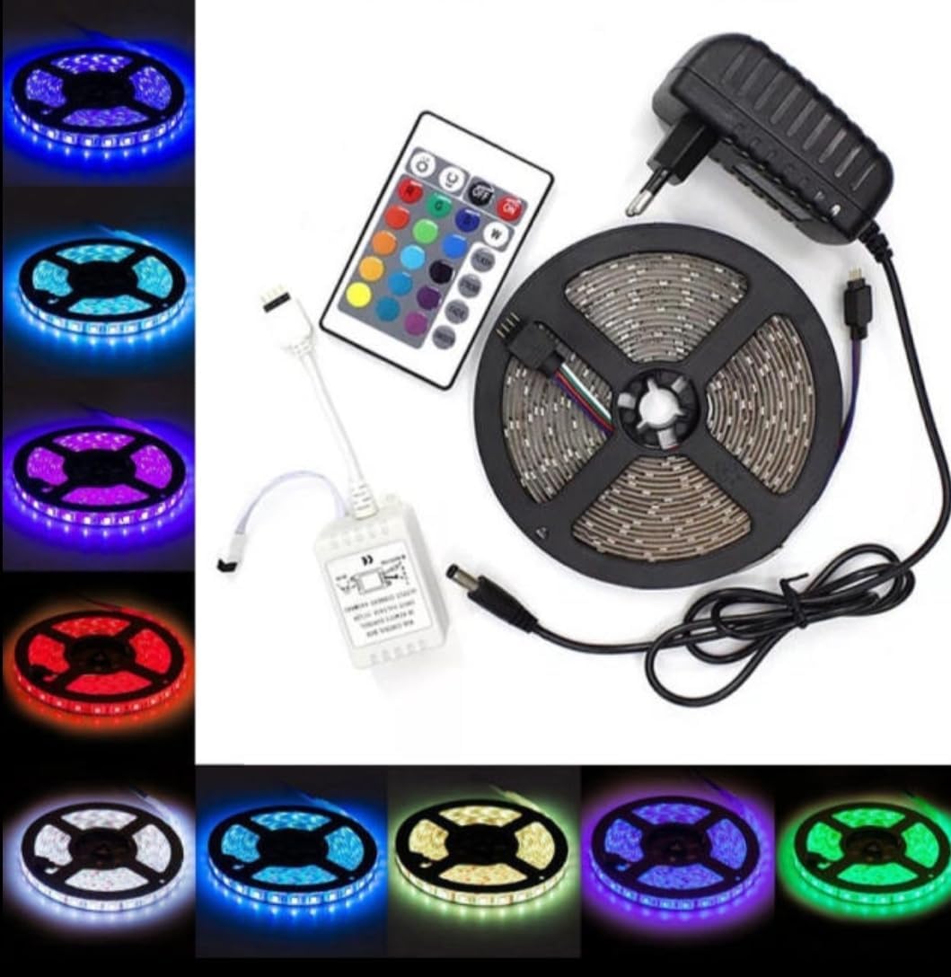 Generic 5m LED Strip Light 5050 components including strip, remote, and power adapter