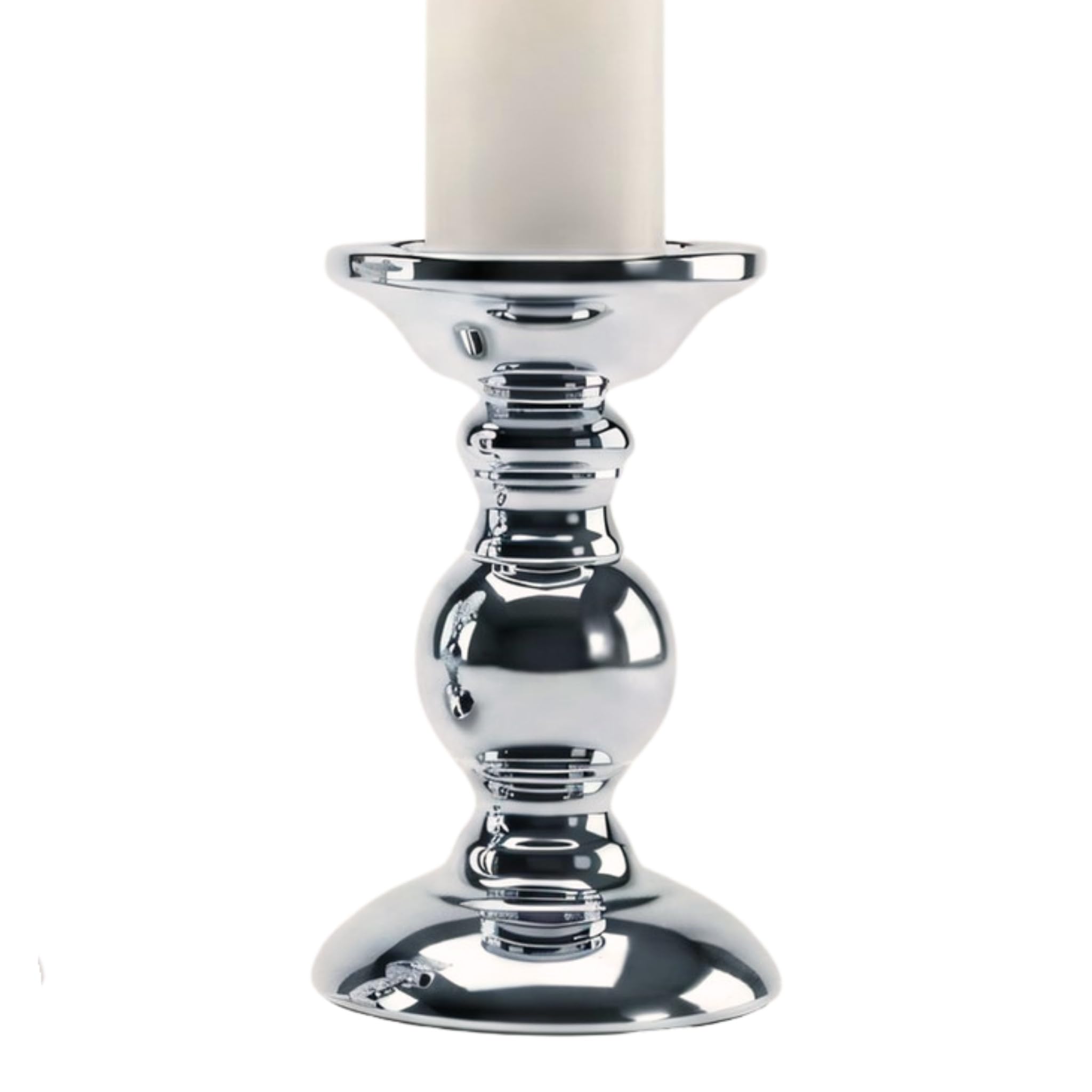 Metal Pillar Candle Holder – Gold or Silver Decorative Candle Stand – Tall (22cm) or Short (16cm) – Modern Table Centrepiece for Home, Dining Room & Weddings (Chrome, Short)