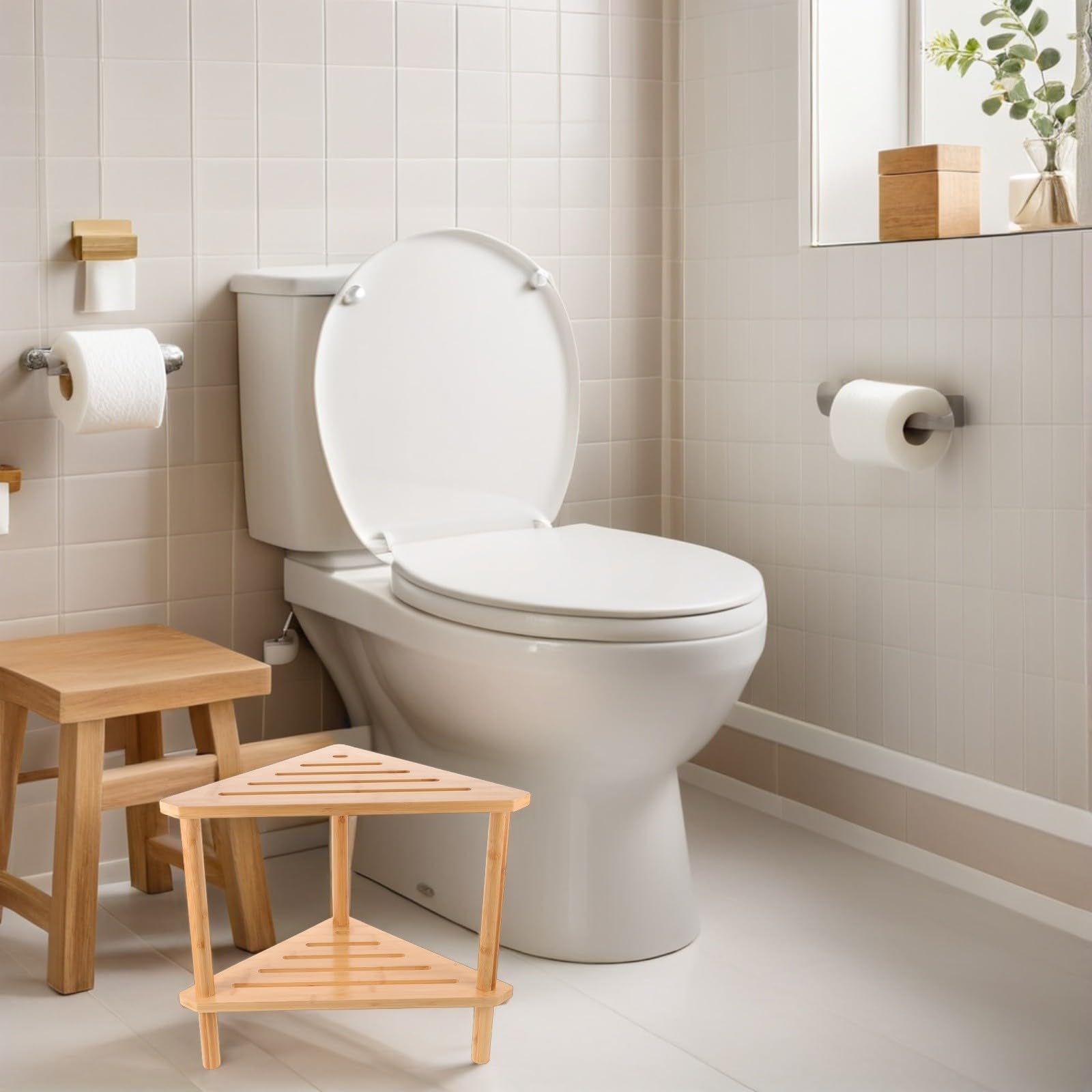 ibasenice Banco para Baño Diseño Triangular Doble Capa, Reposapiés y Taburete para Cambiar Zapatos de Madera y Bambú Base Triangular Ensanchada