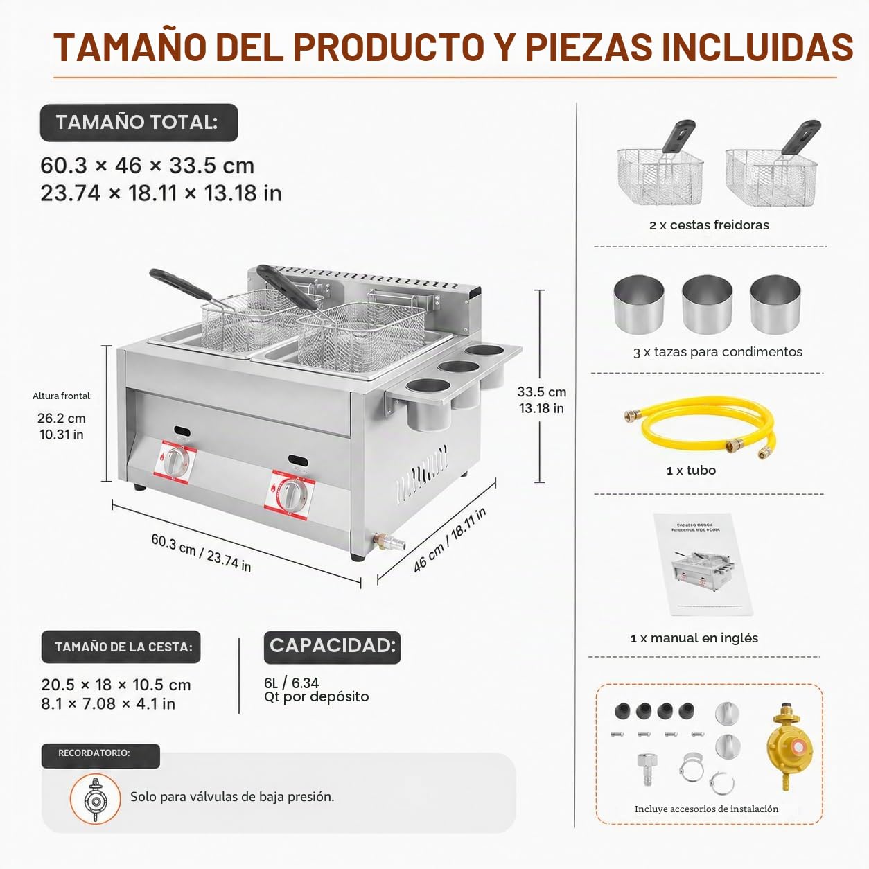 Freidora doble de gas, 2 x 6 l, acero inoxidable, cesta extraíble, control de temperatura independiente, freidora de grasa con vaso de especias para uso comercial y privado