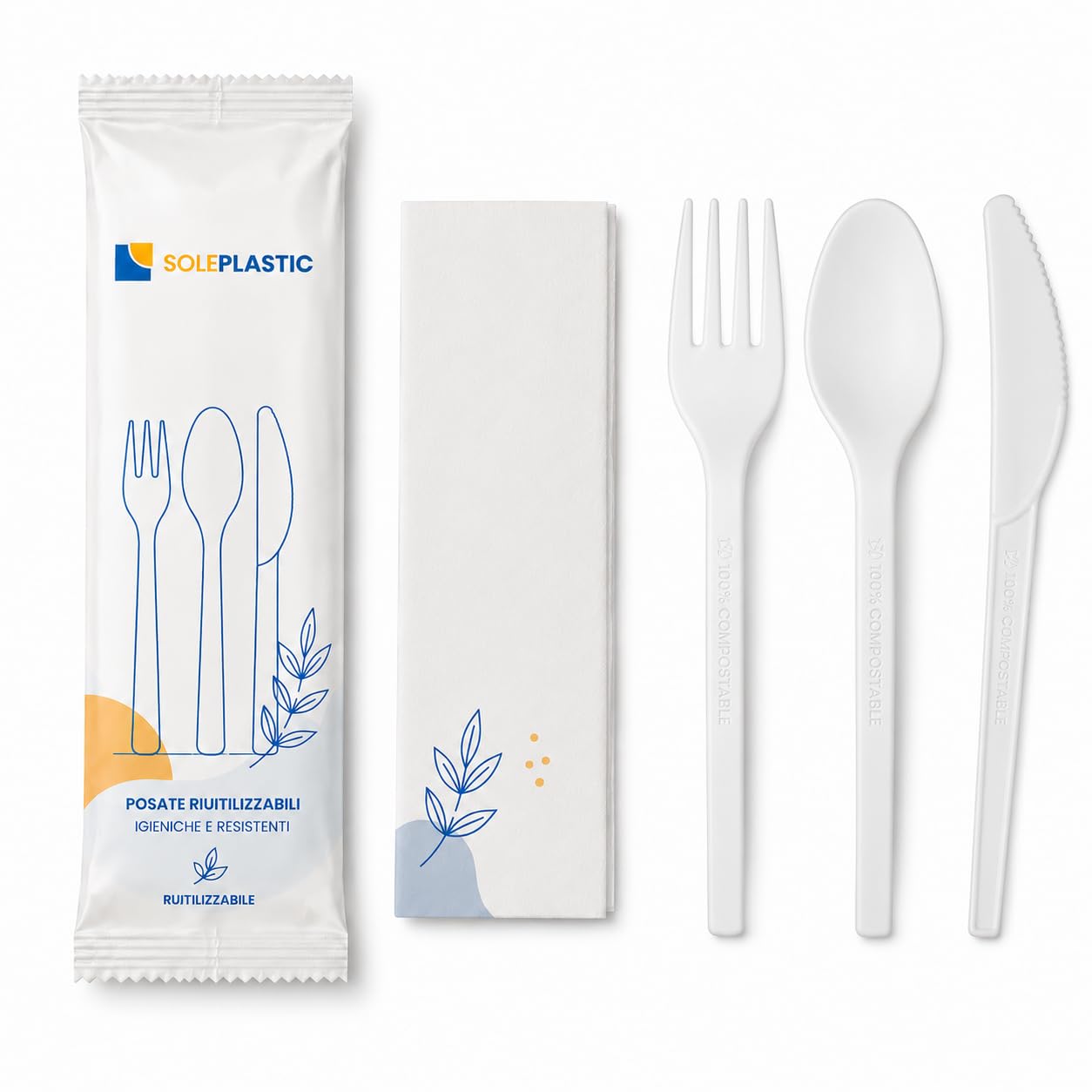 100 Posate Da Viaggio TRIS IMBUSTATE SINGOLARMENTE - Coltello,Forchetta,Cucchiaio e Tovagliolo RIUTILIZZABILI da 16 cm Bianco - RESISTENTI per Cibi Caldi Fino a 70° - Set Posate per ogni Occasione