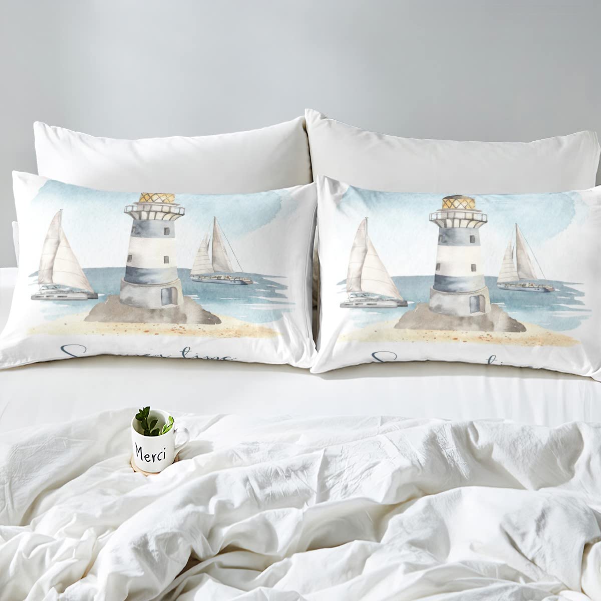 Funda de edredón náutica para velero, funda de edredón con temática oceánica de acuarela, juego de ropa de cama súper King, funda de colcha de verano para playa, decoración de 3 piezas, decoración de