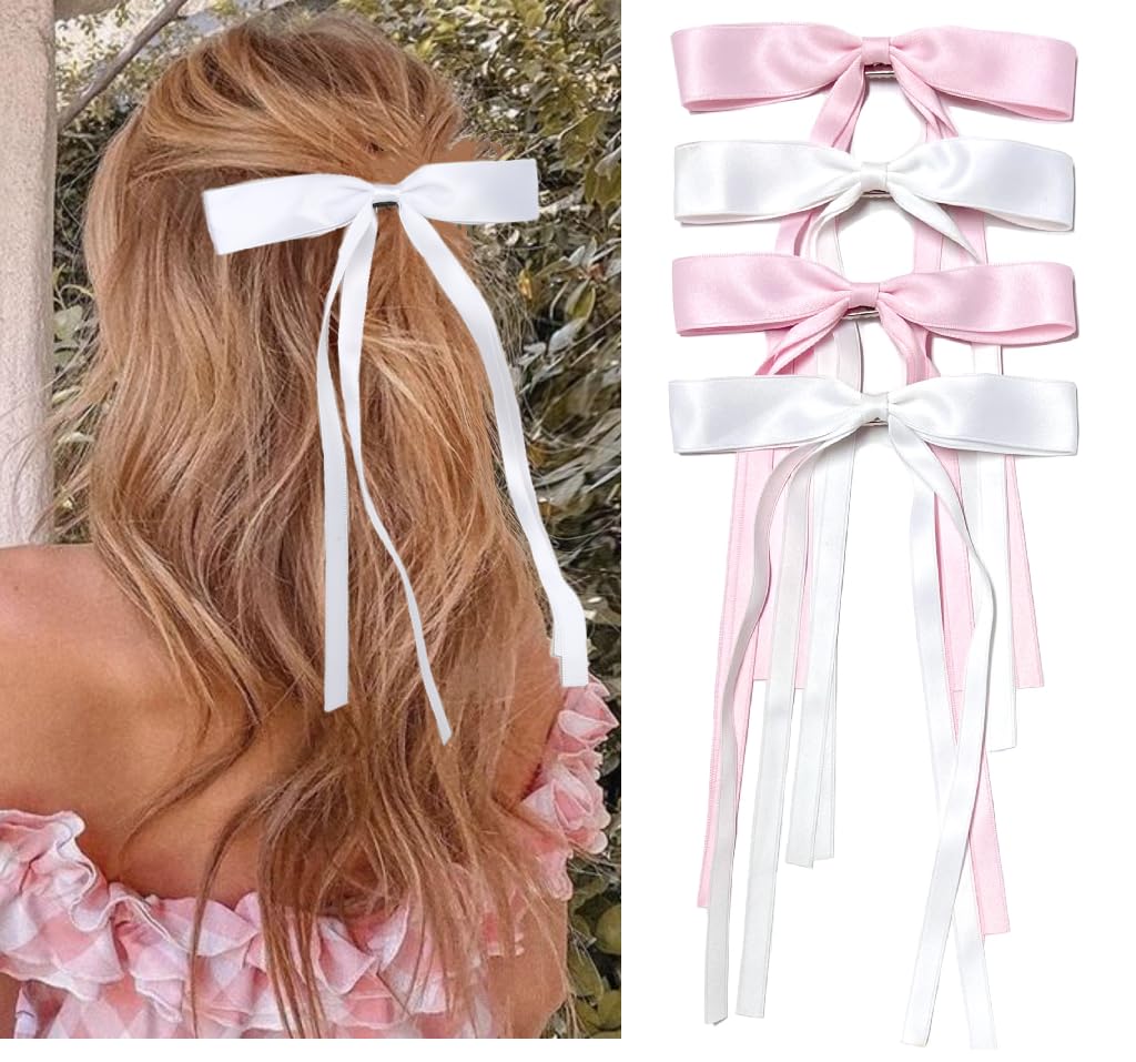 Tobeffect Hair Bows for Women, Pink & White Hair Clips, BowKnot Barrettes, Ribbon Bows for Hair, 4PCS