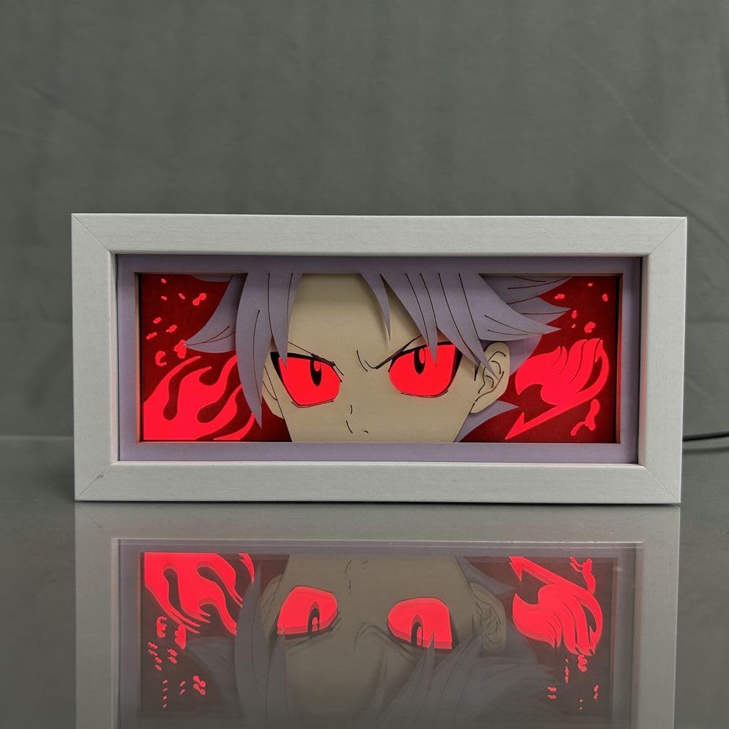 Jiumaocleu Anime Fairy Tail Lamp 3D LED Light Box Natsu Dragneel Paper Carving Lamp Shaodw Box Frame Led Lights Desk Night Lamp for Bedroom Decoration