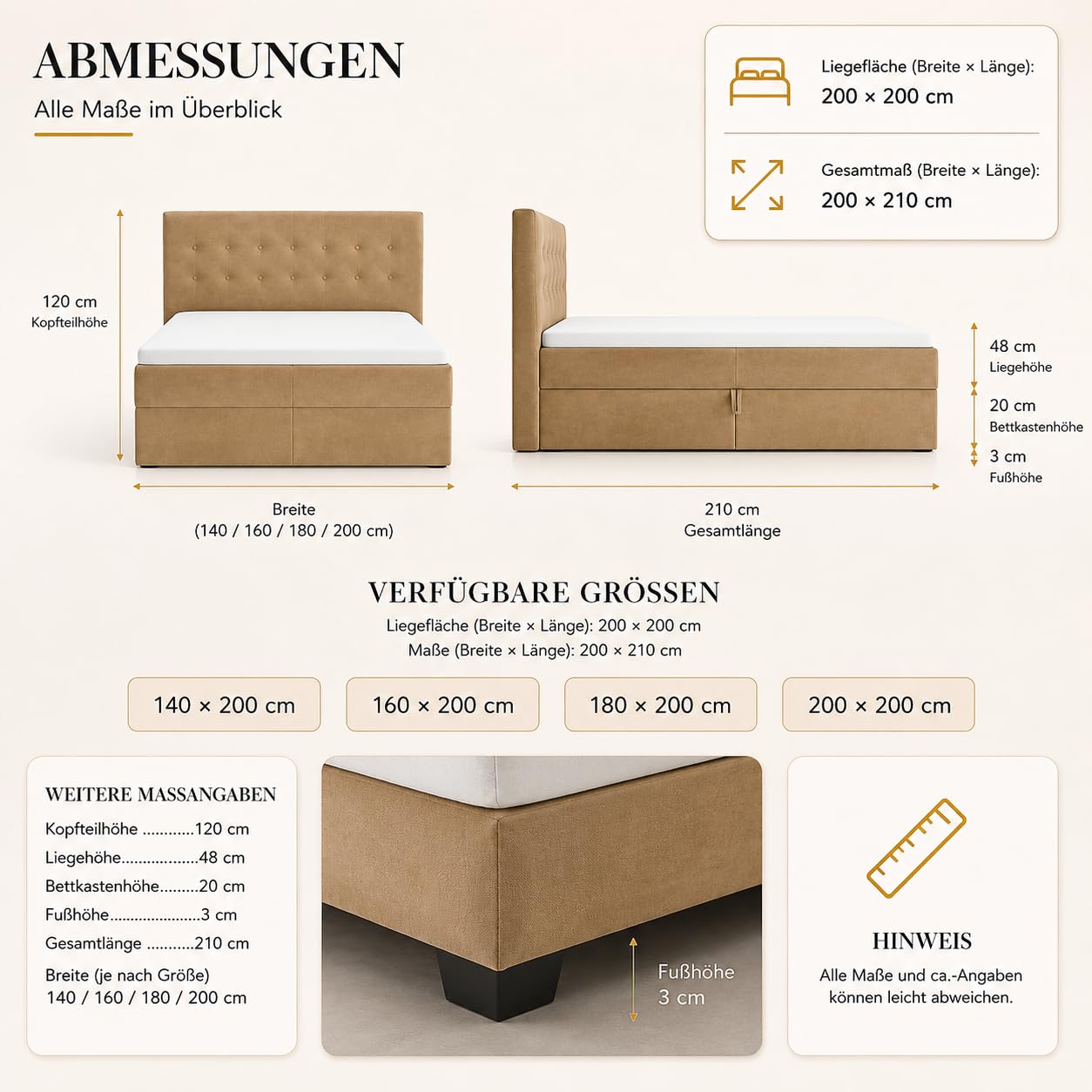 Lit boxspring S Deluxe avec 7 Tailles de Zone (160x200 Creme)