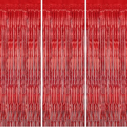 DECOCKRAT 3 Pack Foil Fringe Backdrop - Red Shiny Tinsel Curtains for Party Decoration/Photo Booth Props - 3.3x8.2 FT Metallic Foil Backdrop for Birthday, Wedding, Graduation, Christmas.