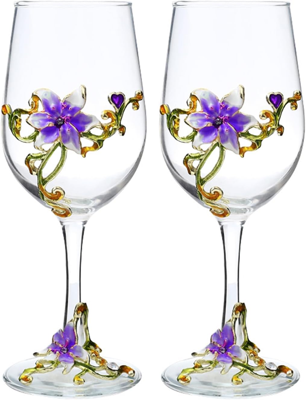 Wine Glasses Set of 2, Handcrafted Enamel Flower Red White Wine Glasses Pretty Floral Goblets with Gift Box for Women Wife Mom Friends Mothers Valentines Day (Purple)