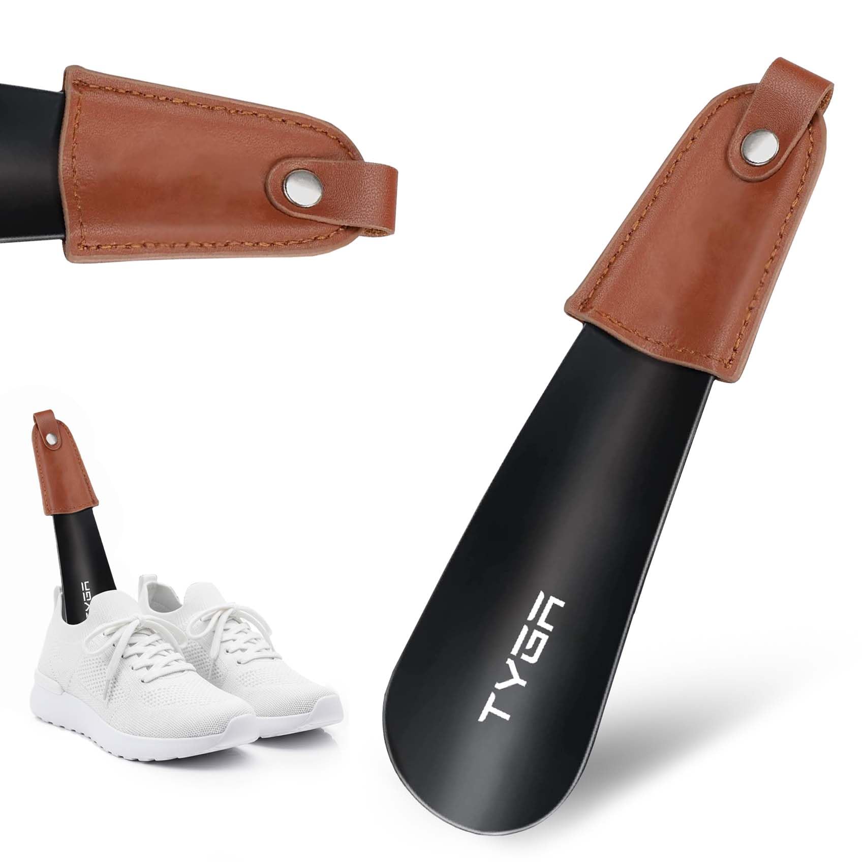 Metal Shoe Horn - Short 17cm Shoehorn Lazy Shoe Helper, Small Shoe Horns With Leather Handle Strap, For Men, Women and Kids