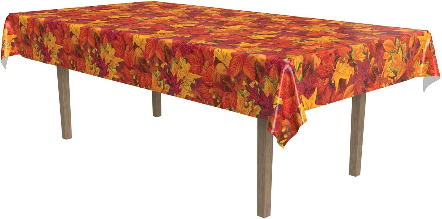 Beistle Plastic Fall Leaf Tablecover, Harvest Rectangular Tablecloth, Fall Table Cover for Autumn Party Decorations, Thanksgiving Decor, 54” x 108”