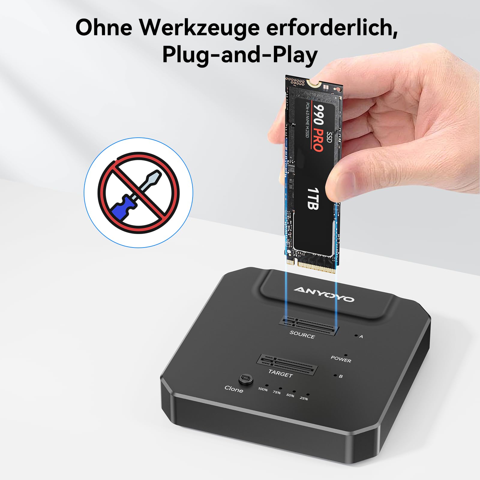 NVMe M.2 Clone SSD Gehäuse 20Gbps USB 3.2 Gen2X2, Dual Bay M.2 NVMe Docking Station mit Offline Klonen für schnellen PC-Upgrade, Systemmigration & Datenbackup, kompatibel mit 2230/2242/2260/2280