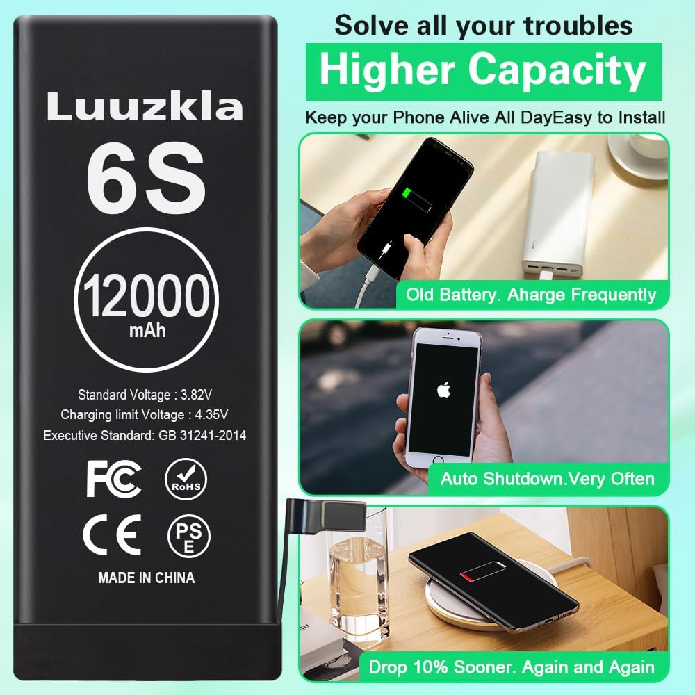 Luuzkla 12000mAh (2025 New Upgrade) Battery Compatible with iPhone 6S, Super Capacity Battery Compatible with iPhone 6S, + Full Tool Kits-0 Cycle High Capacity-24 Months Service - Image 3