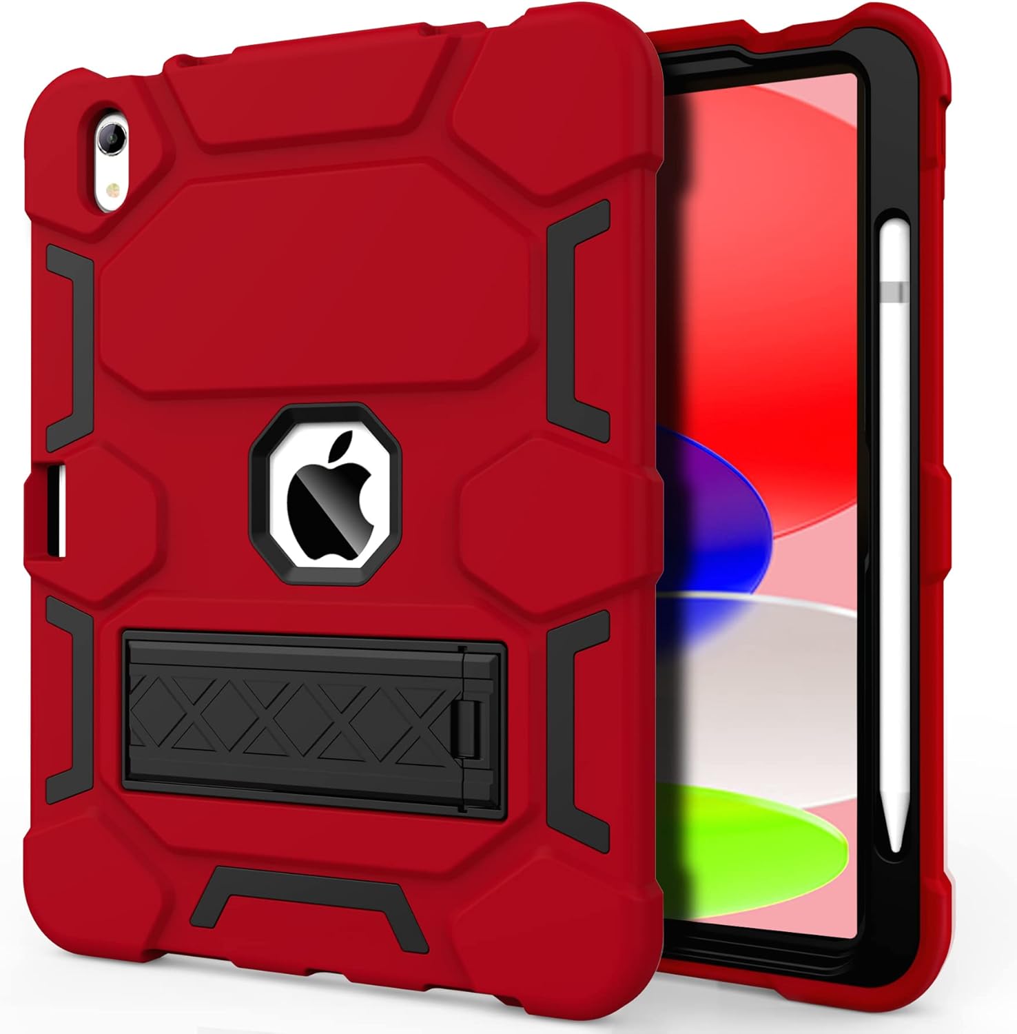 CCMAO Case for iPad (A16) 11th/10th Generation(2025/2022), iPad 10th Case with Kickstand & Pencil Holder, Heavy Duty Shockproof Hybrid Three Layer Protective Cover for Girls Women, Red+Black 05 Red+Black