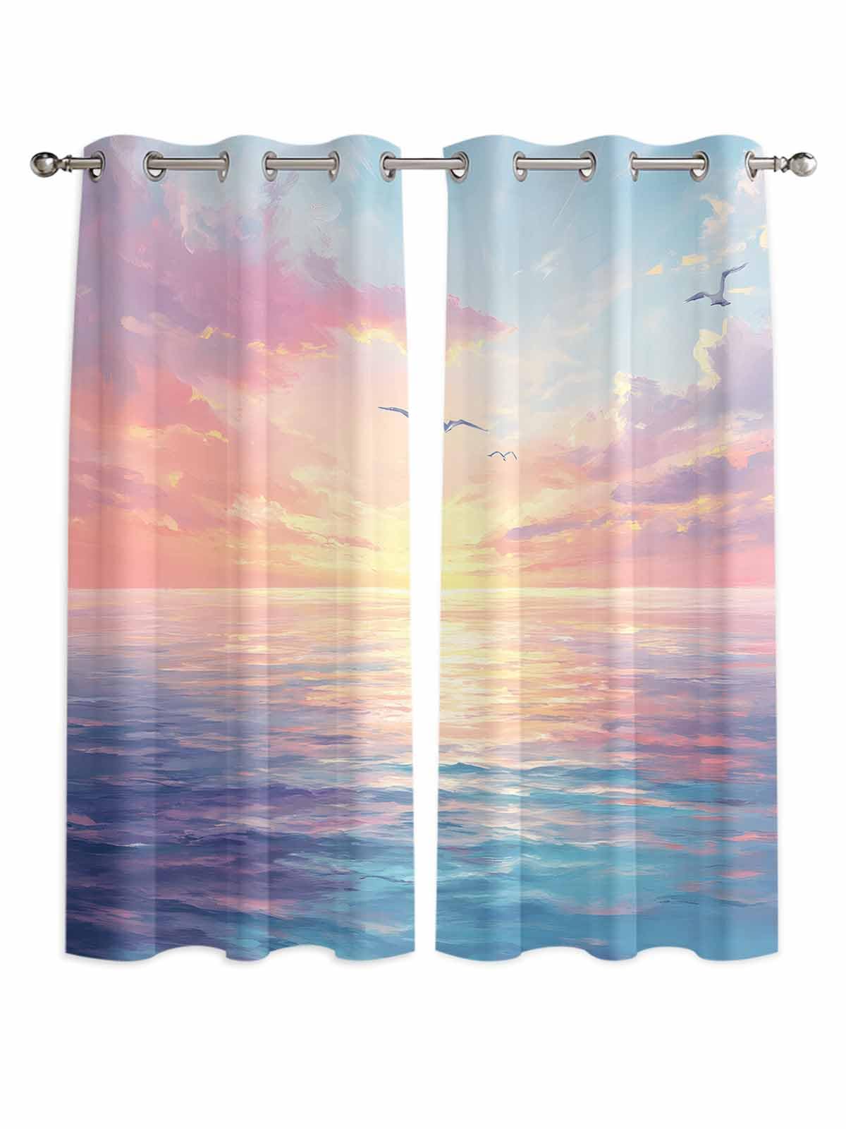Ocean Sunset Window Curtains Panels with Silver Grommet,Purple Blue Seagull Modern Oil Painting Kitchen Cafe Curtain Draperies Window Treatment Set for Living Laundry Room/Bedroom/Bathroom/Cafe,84x84