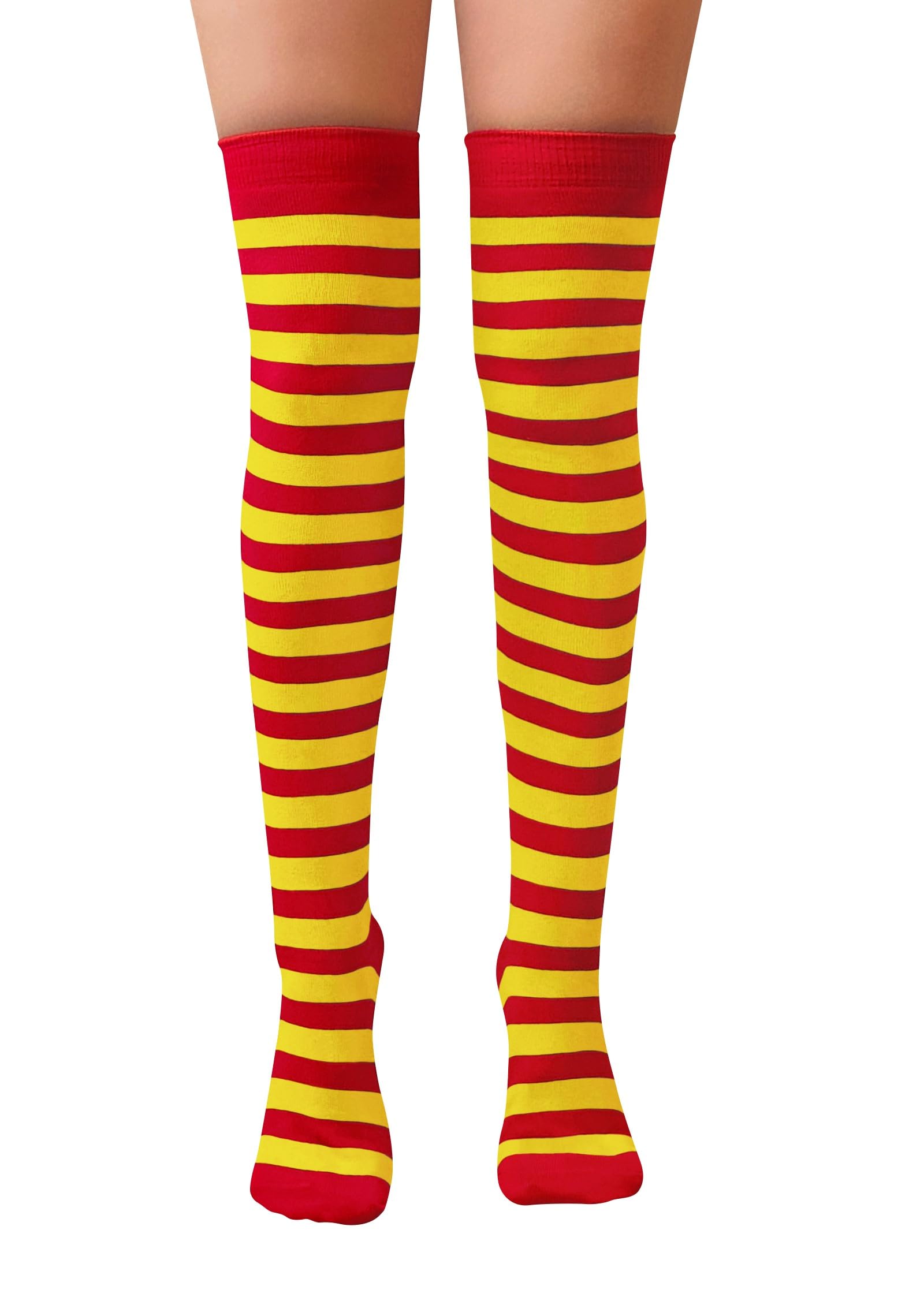 NuJake Striped Over The Knee Socks Fancy Dress Cosplay Girls UK Size 4-5.5 (Cotton Blend, Red & Yellow)