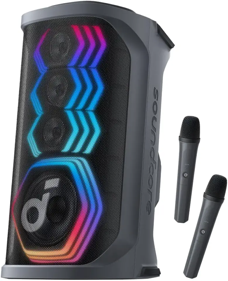 soundcore Rave 3S Caixa de Som para Festas com IA Karaoke, 2 Microfones Sem Fio, 200W, Remoção de Voz IA, Reverb, Luzes, 12H de Reprodução, Sistema PA Bluetooth Portátil para Casa, Festa ou Quintal