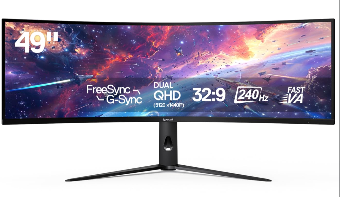 Photo 1 of Redragon 49" Curve Gaming Monitor - DQHD 5120x1440, 32:9, 240Hz, 2.2ms, Support FreeSync & G-Sync, Eye Care, DisplayPort HDMI, Tilt Adjustable, Ultrawide 1000R Curve Computer Monitor