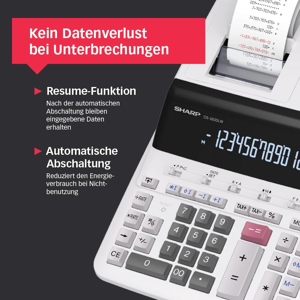 Sharp CS-2635LW Druckender Tischrechner, 12-stellig, LCD Display, Tax & Währungsumrechnung, schwarz/rot Druck, Heavy-Duty-Druckwerk, Netzanschluss