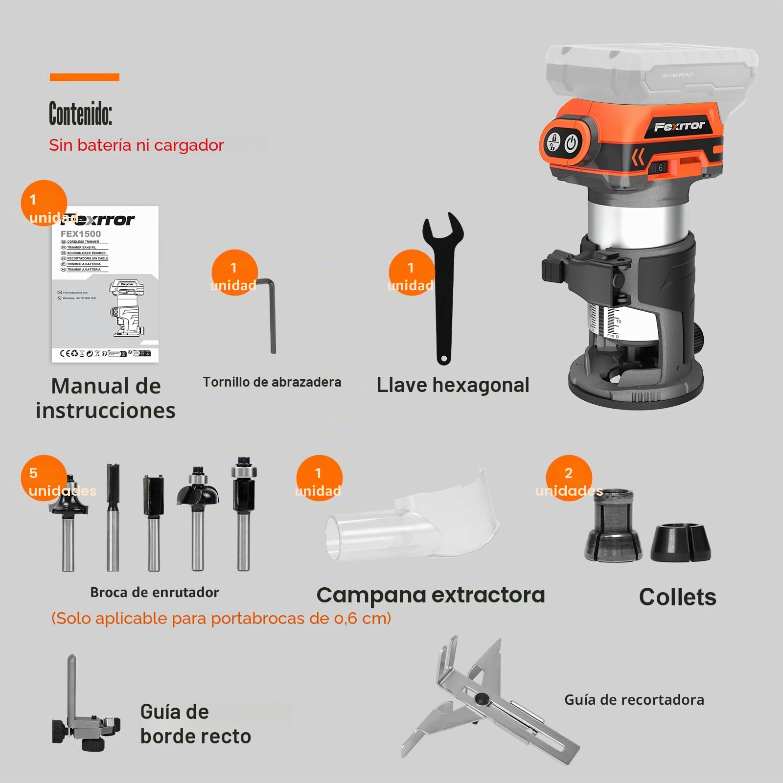 Fresadora de Madera Compatible con Makita 18V Batería, Fresadora de Mano con 6 Velocidades, Motor Sin Escobillas, 30000 RPM, 5 Piezas Fresas (Sin Batería)