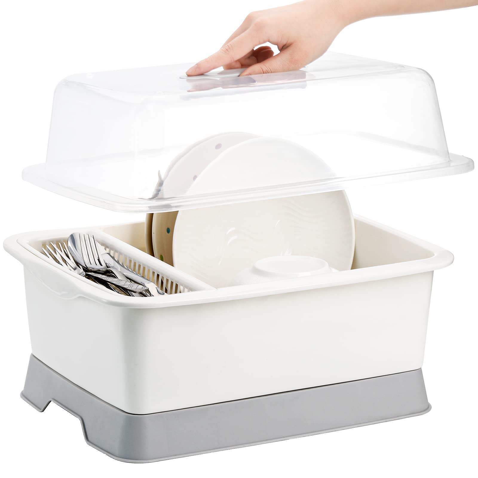 Lyellfe Escurridor de platos de plástico, soporte para secadora de botellas con tapa de cubierta y escurridor extraíble, utensilios blancos y portavasos para encimera de cocina, estante para secadora