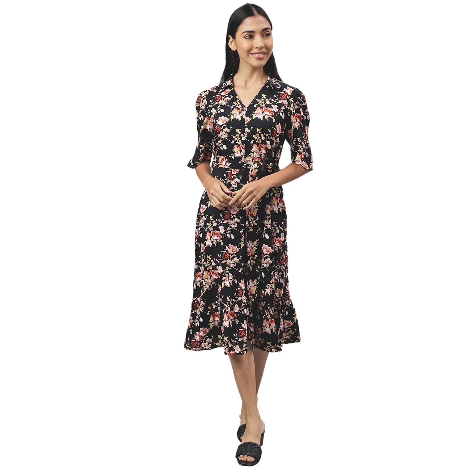 Women Black Half Sleeve V-Neck Women Shirt Dress-image-30