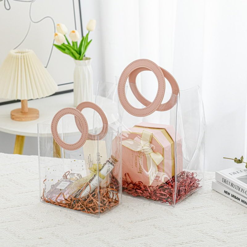 Image of SATYAM KRAFT 6 Pcs Transparent Round Leather Handle Goodie Bags |Gift Bag for Her /Him Wedding Return Gifts Christmas Valentine's Day Festivals Events Shopping Carry-Packing Bag Beige (27.5x24.5) CM