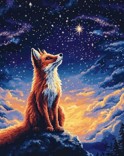 AxiangziK Cross Stitch Kits for Adults Beginners,The Fox Gazing at the Stars Pre Printed Full Embroidery Patterns,12x16in DIY Needlepoint Cross Stitch Kits Adults,Home Wall Decor Art Craft Gifts