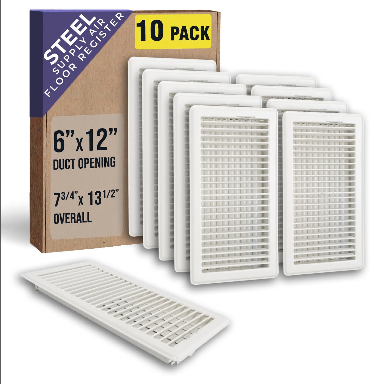 [10 Pack] Fits 6x12 and 12x6 Duct Opening | Floor Register with Louvered Design by Handua | Heavy Duty Walkable Design with Damper | Floor Vent Grille