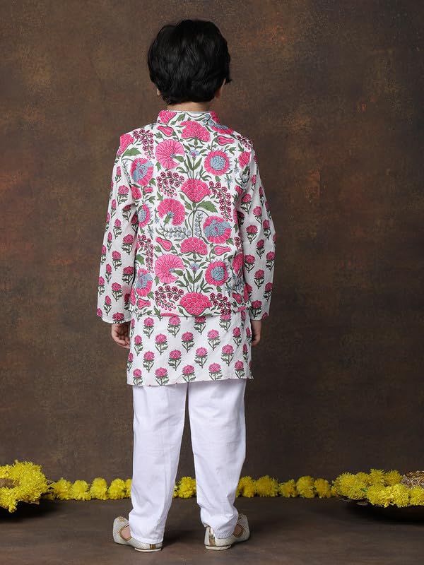 Image of superminis Boys Cotton Printed Full Sleeves Kurta With Ajrakh Printed Jacket and Pyjama Set