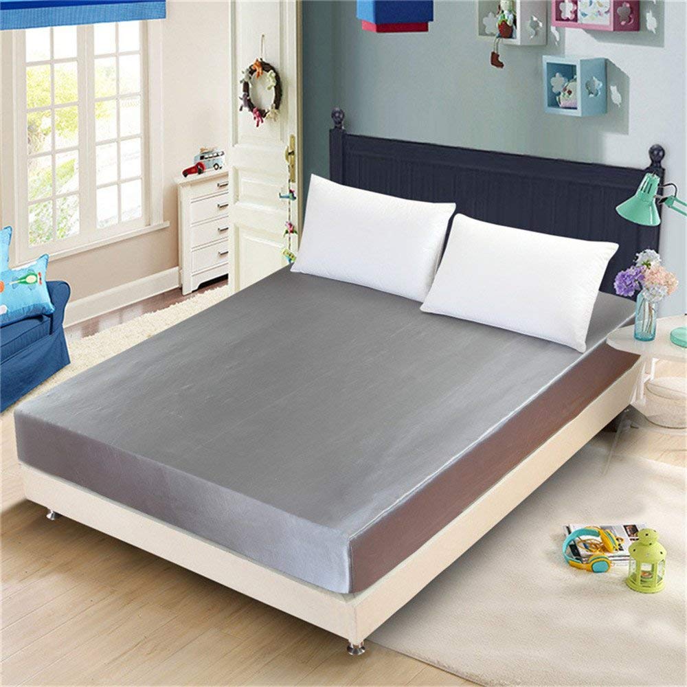 1 Piece Satin Fitted Sheet Only Classic Luxury Silky Soft Bed Sheets Solid Color (Grey, Fitted Sheet(Queen))
