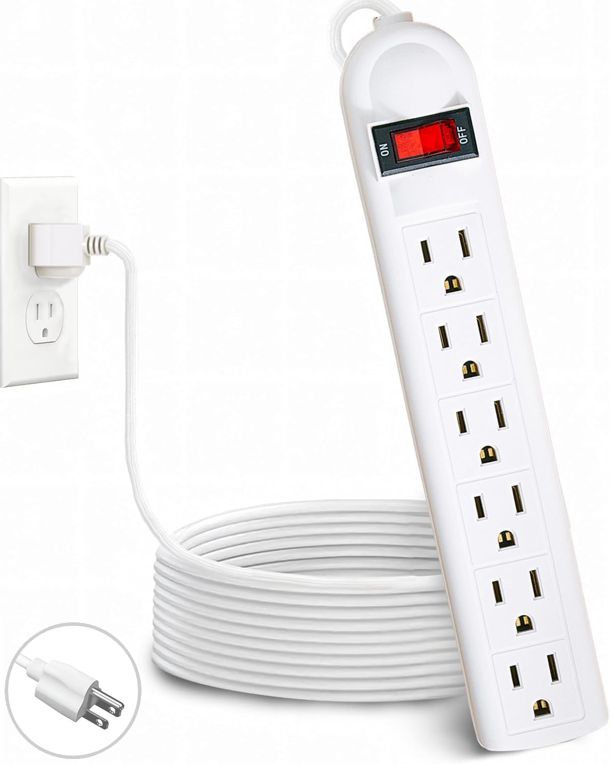 Extension Cord 6 ft - Long Power Strip Surge Protector, 6 AC Outlet Flat Plug, Wall Mount, Multi Plug Outlet Extender Desk Charging Station for Computer Home Office Dorm Room