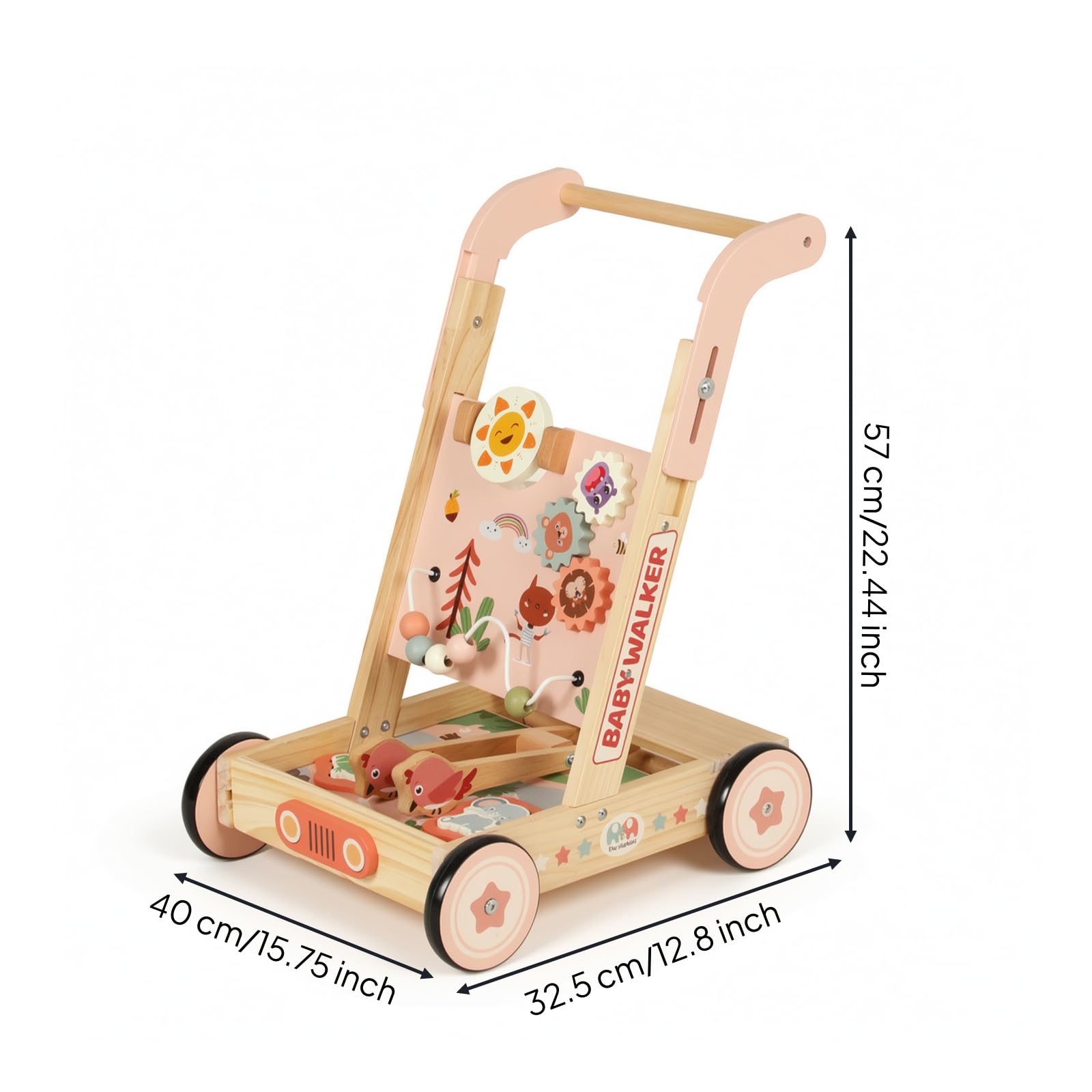 Harilla Carrello Primi Spostamenti in Legno Multifunzione Carrello Primi Spostamenti con Attività Stabile Giocattolo per Bambini Piccoli, Neonati, Asilo Nido