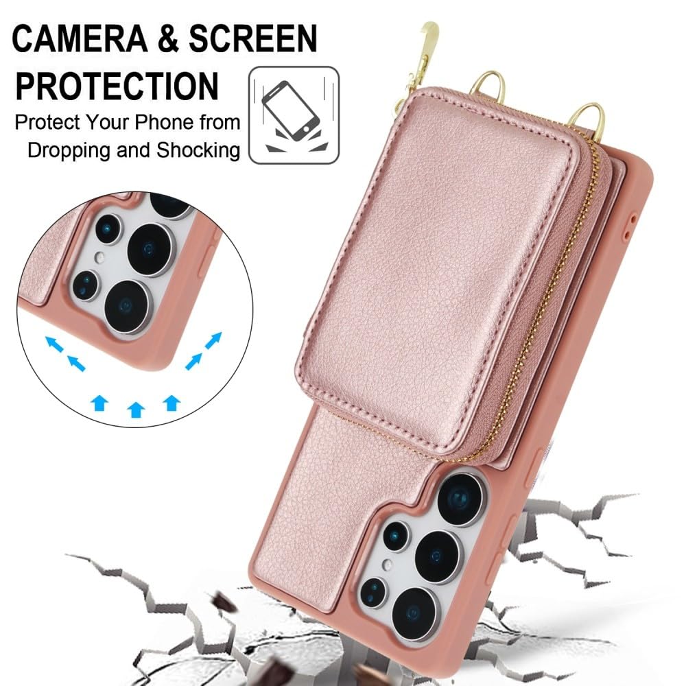 Generic Funda compatible con Samsung Galaxy A55 5G (color: albaricoque), correa cruzada, cierre de cremallera, funda de piel con tapa trasera