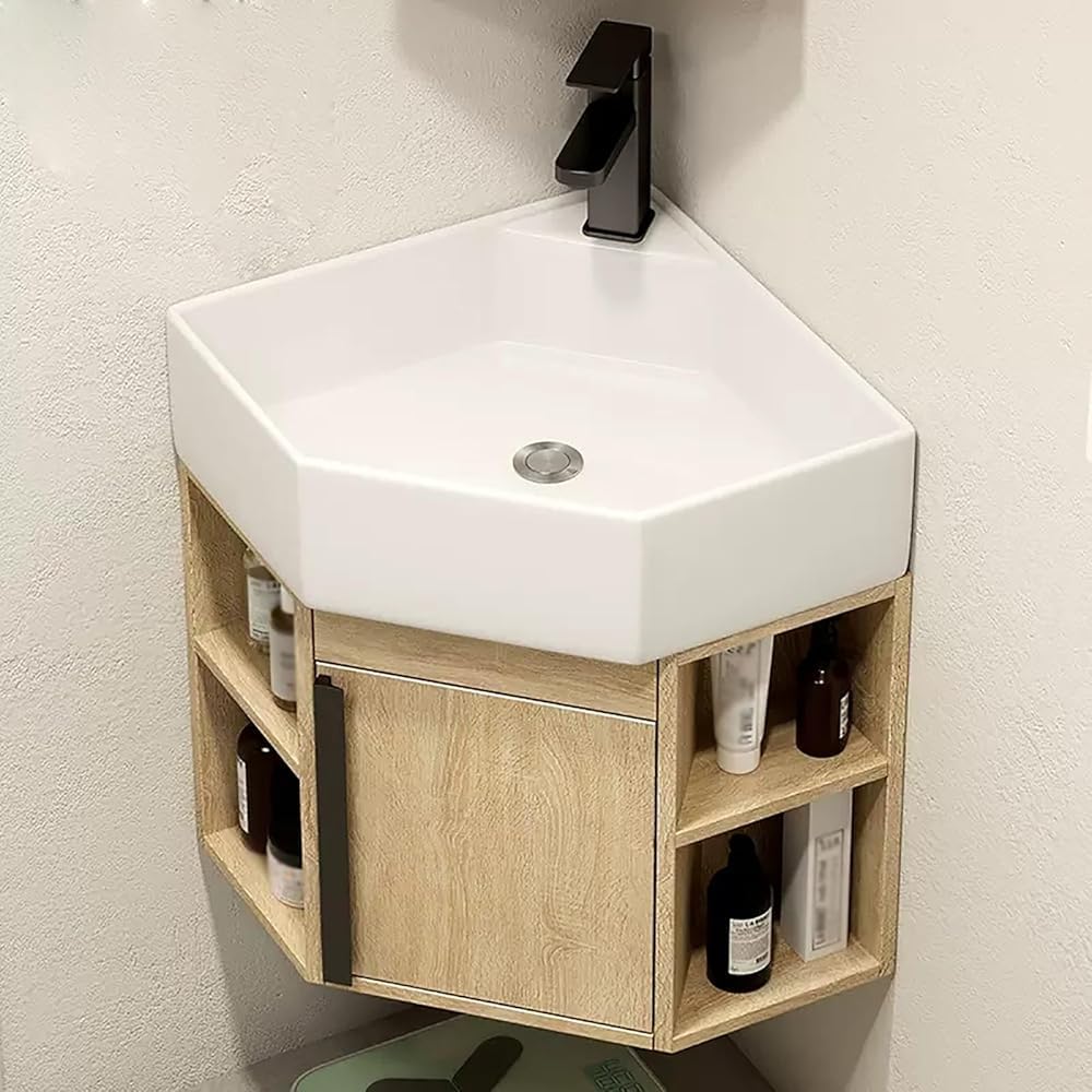 DFGHNBVC Corner Wall Mount Bathroom Sink With Storage, Space-Saving Porcelain Ceramic Wash Basin For Compact Bathrooms,Beige-45Cm