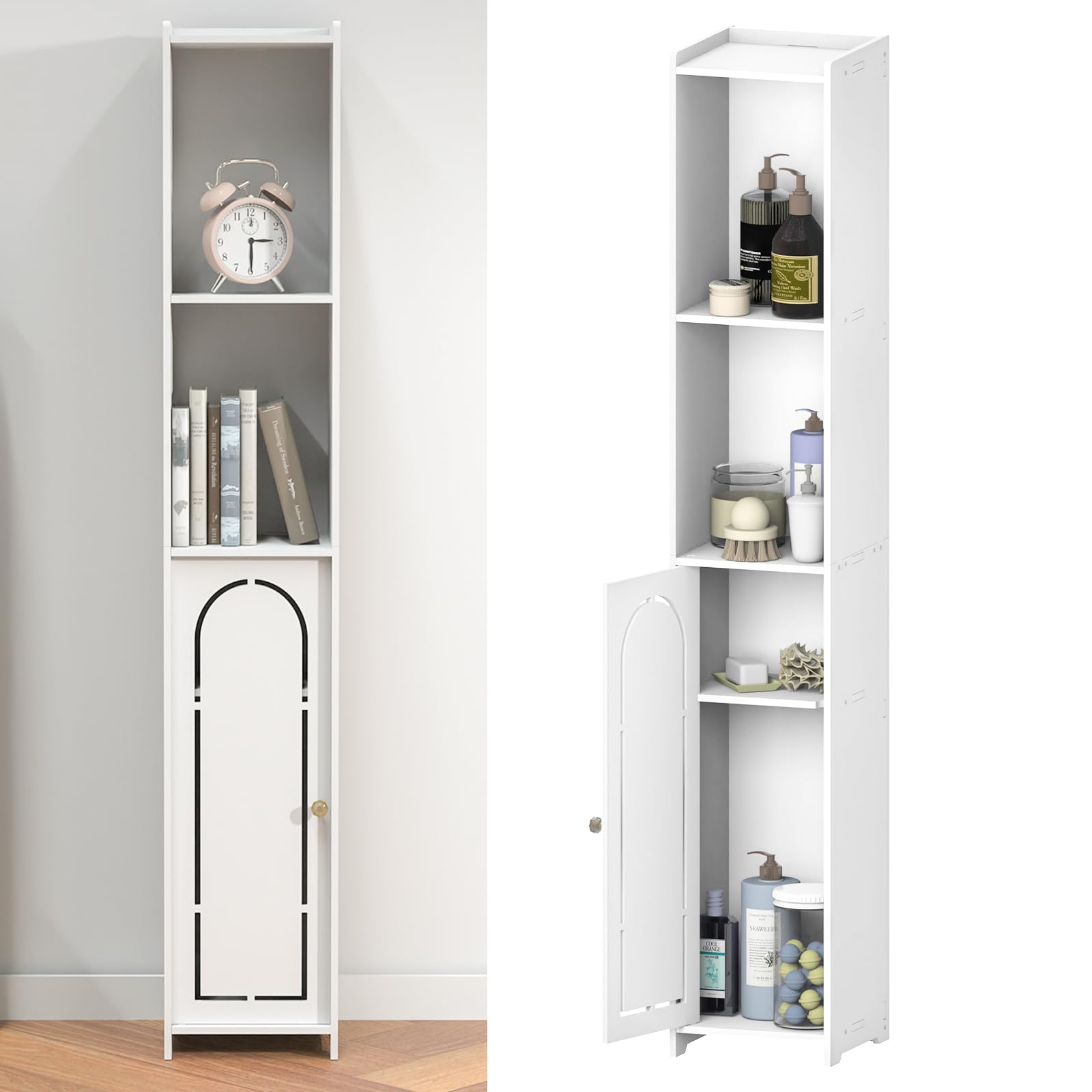 Tall Bathroom Storage Cabinet, Slim Floor Standing Display Cabinet, Freestanding Cupboard, Home Office Storage Furniture Organizer Unit for Living Room Kitchen Entryway, White, W20 x D20 x H117 cm